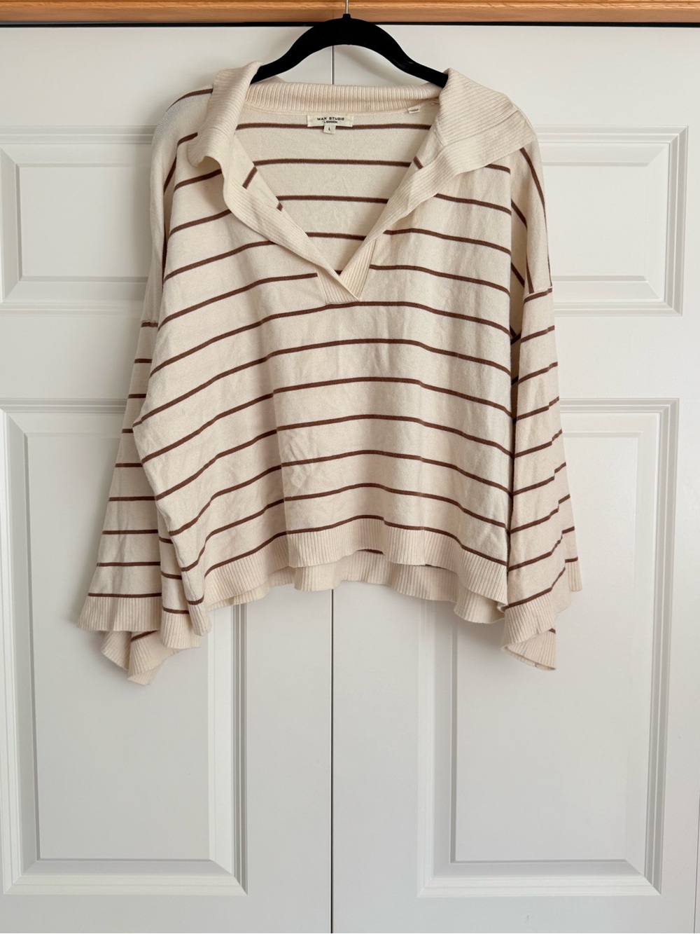 Max Studio Cream & Brown Striped V-Neck Collared Knit